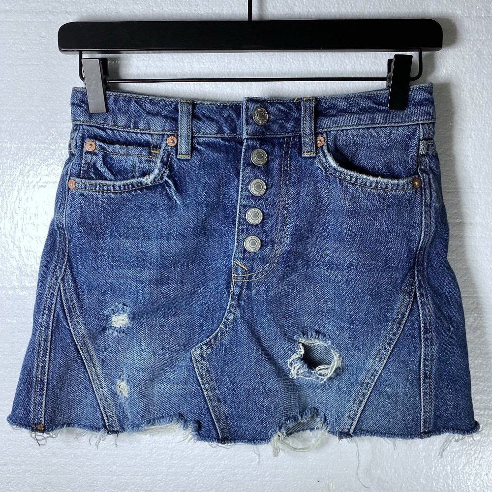 We The Free 25 Denim Ripped Distressed Mini Skirt